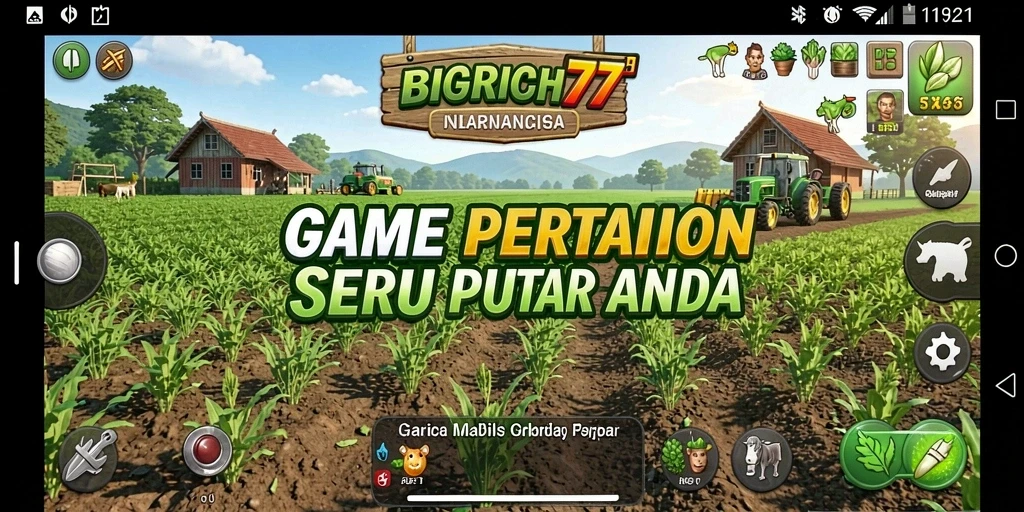 Tangkapan layar gameplay <strong>BIGRICH77</strong> menampilkan taman yang subur dan hewan ternak yang bahagia.