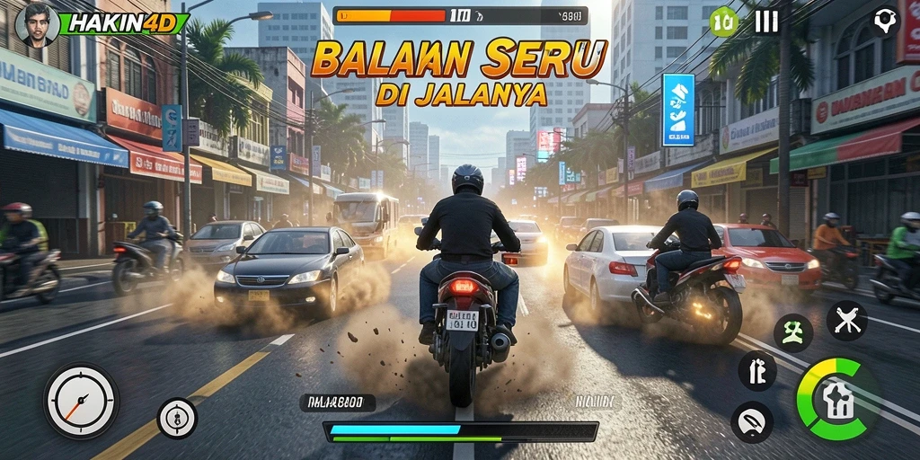 Screenshot gameplay HAKIN4D dengan balapan seru di jalanan.