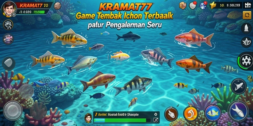 Screenshot gameplay KRAMAT77 dengan aksi menembak ikan yang intens.
